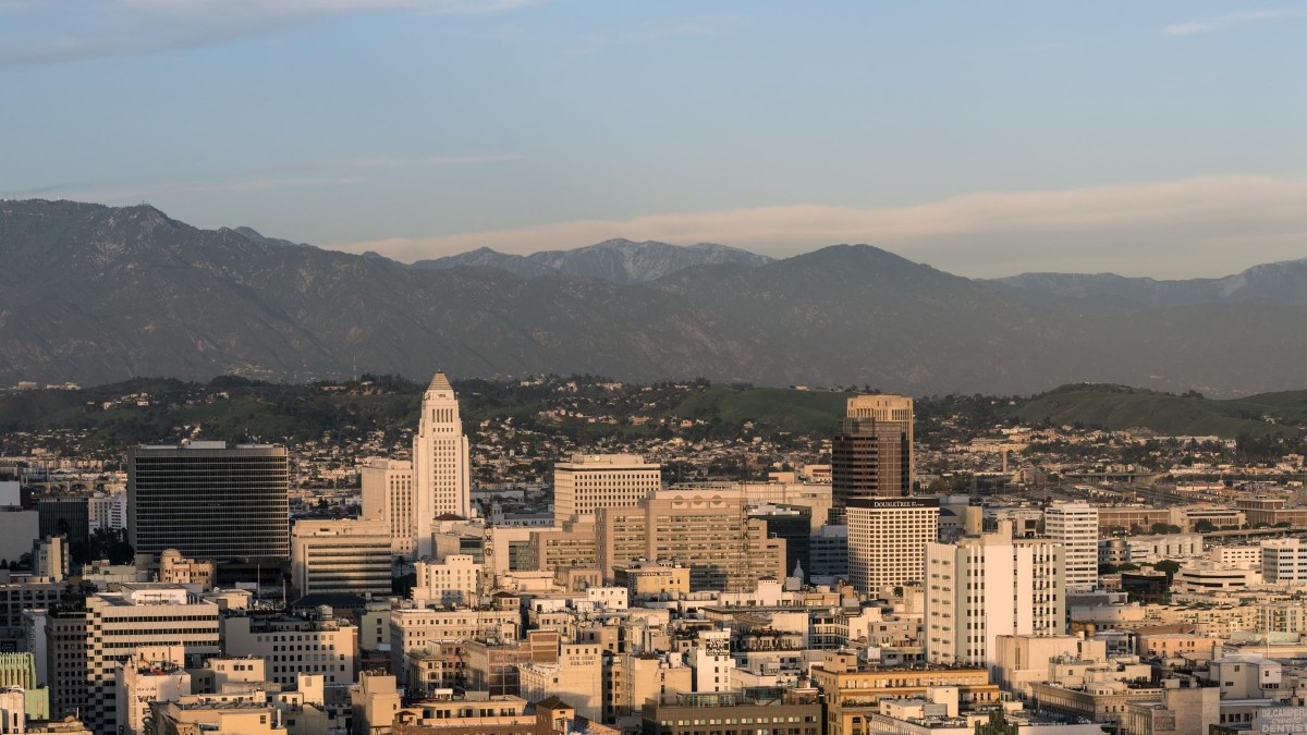 A wide view of the Los Angeles skyline.