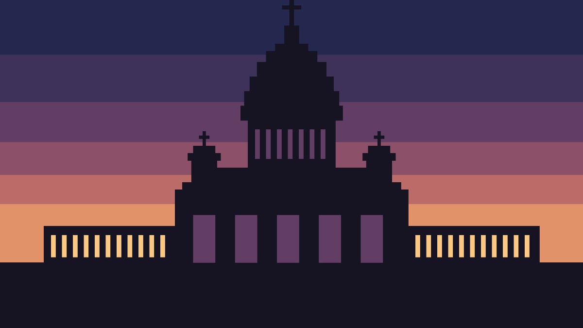 A flat, pixel-style illustration of a domed basilica in dark silhouette against a sunset sky in bands of navy, purple and orange, with a cross on the main dome and two smaller towers.
