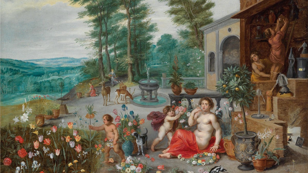 Seventeenth-century oil painting showing a woman surrounded by flowers in an allegory of the sense of smell.