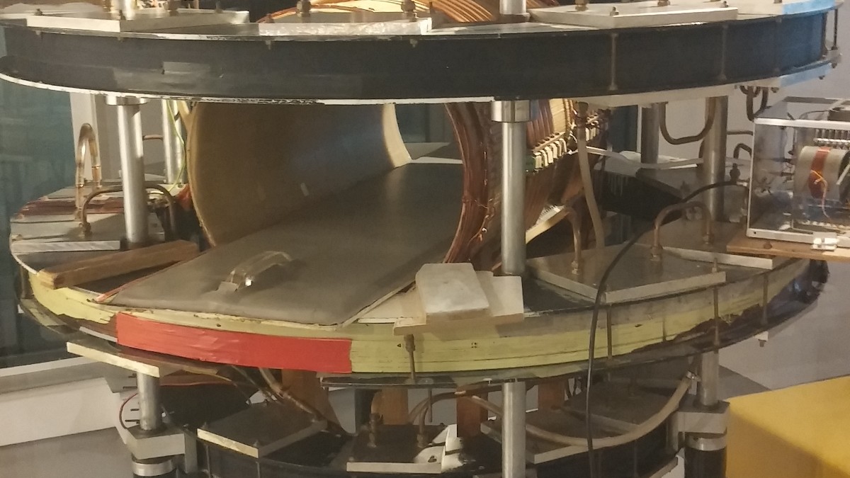 The Mark One magnetic resonance imaging scanner displayed with its circular patient opening.