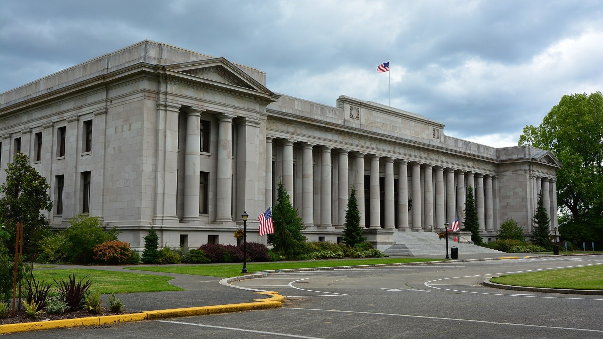 The columned front of the Temple of Justice, home of the Washington State Supreme Court, on the Capitol campus in Olympia.