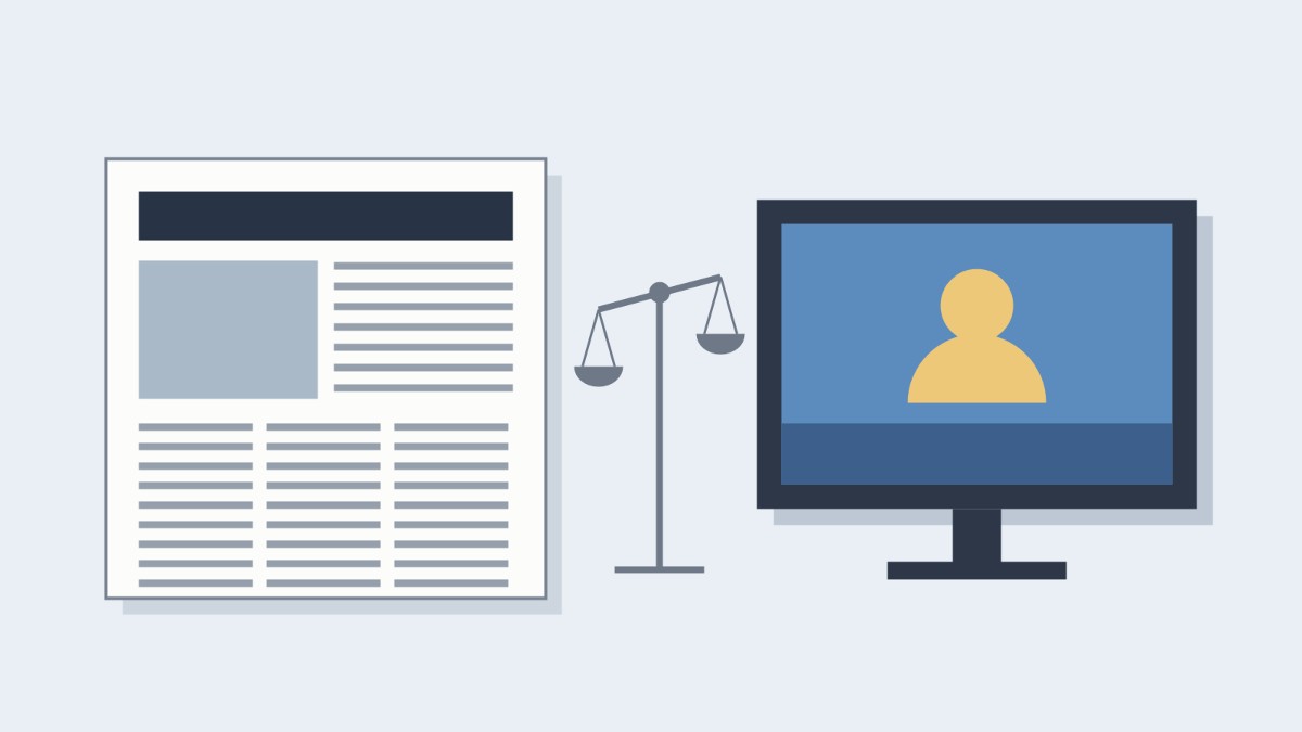 Illustration of a newspaper page and a television screen showing a news anchor, with a balance scale between them tipped to one side.