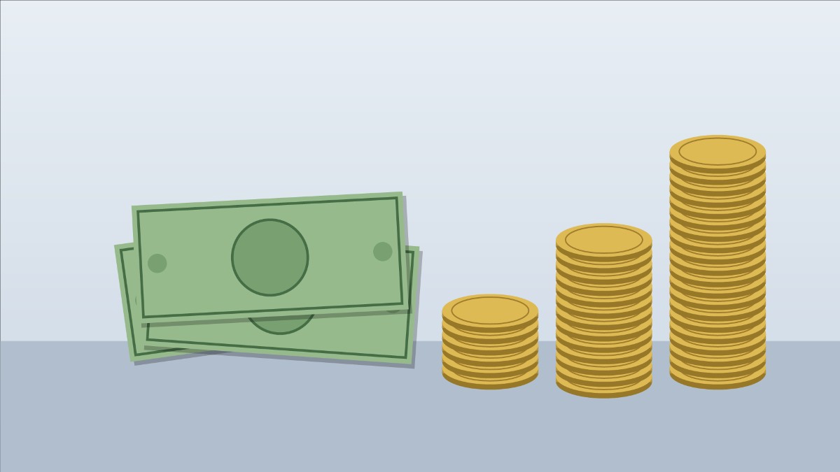 Flat illustration of green paper banknotes beside three stacks of gold coins of increasing height.