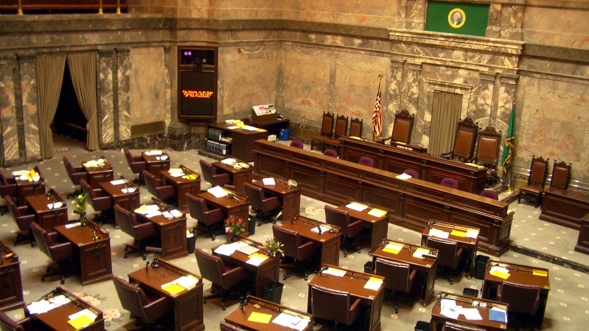 The Washington State Senate chamber in Olympia, with rows of desks facing the rostrum.