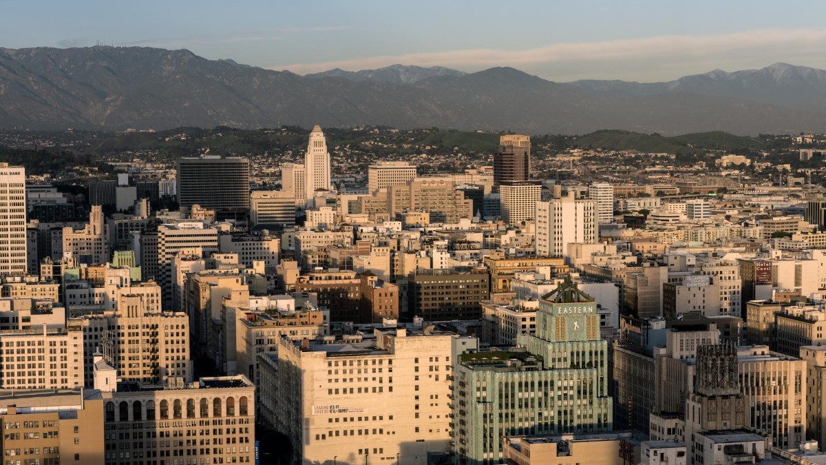 A wide view of the Los Angeles skyline.