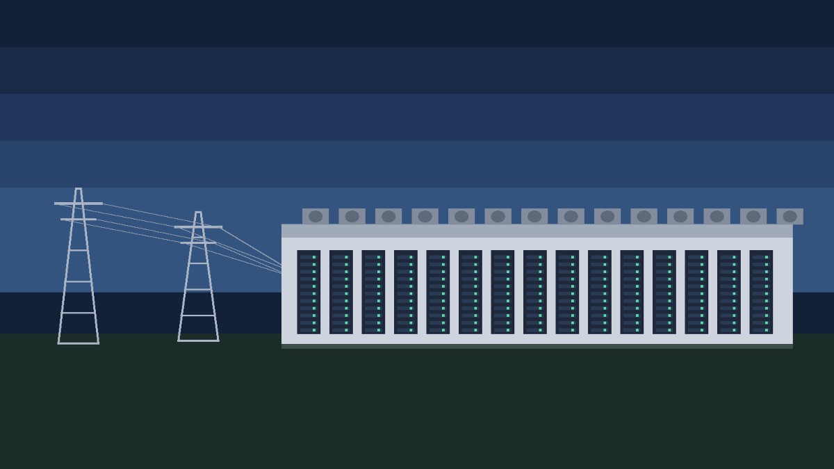 Illustration of a long data center building lined with server racks, fed by high-voltage transmission towers at dusk.