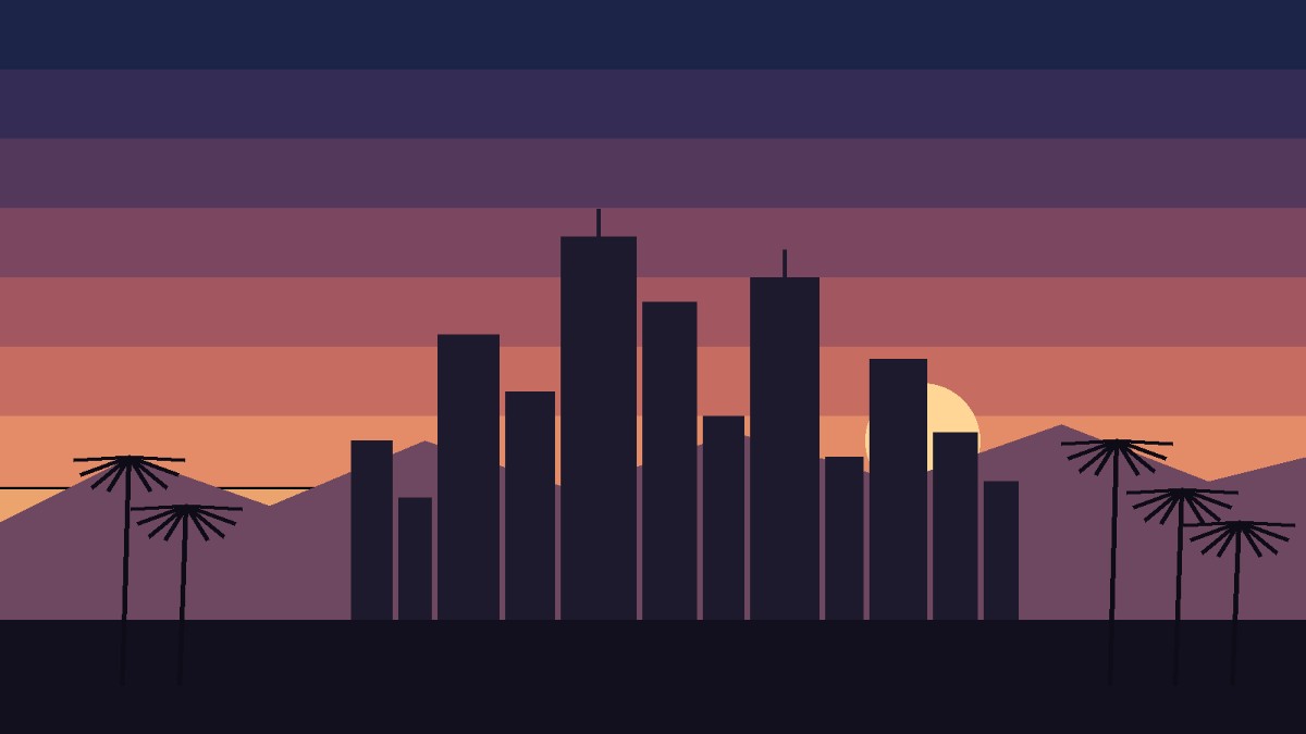 Stylized illustration of a downtown city skyline silhouetted against a dusk sky, with mountains and palm trees.