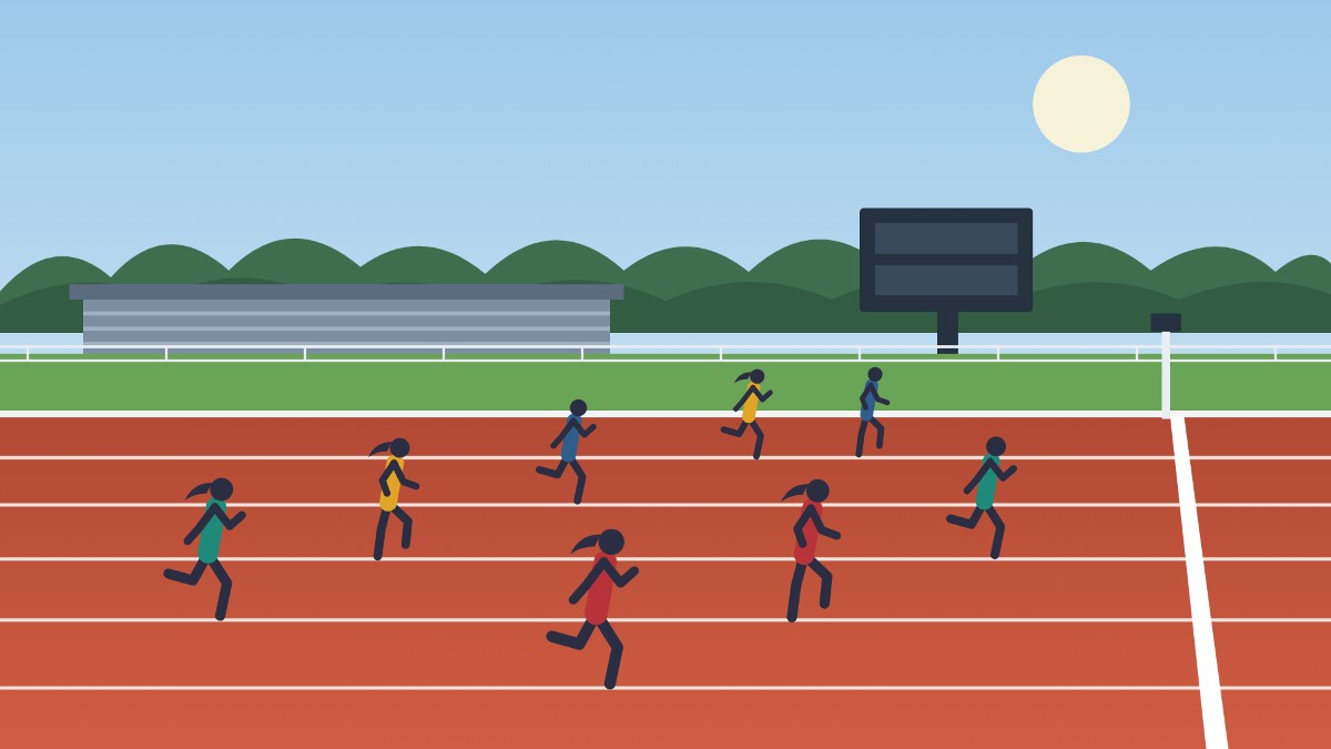 Flat illustration of a high-school outdoor track: runners in colored school singlets race toward a white finish line, with bleachers, a scoreboard and trees behind.
