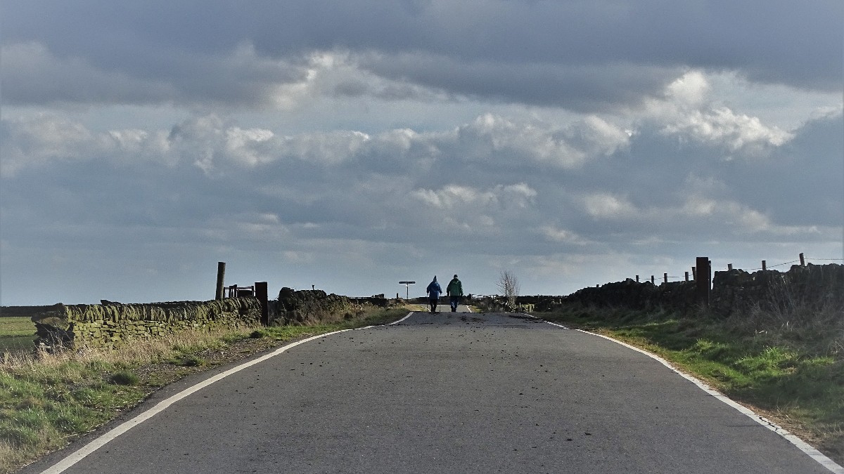 An older couple walking side by side along a quiet country road lined with trees and fields.