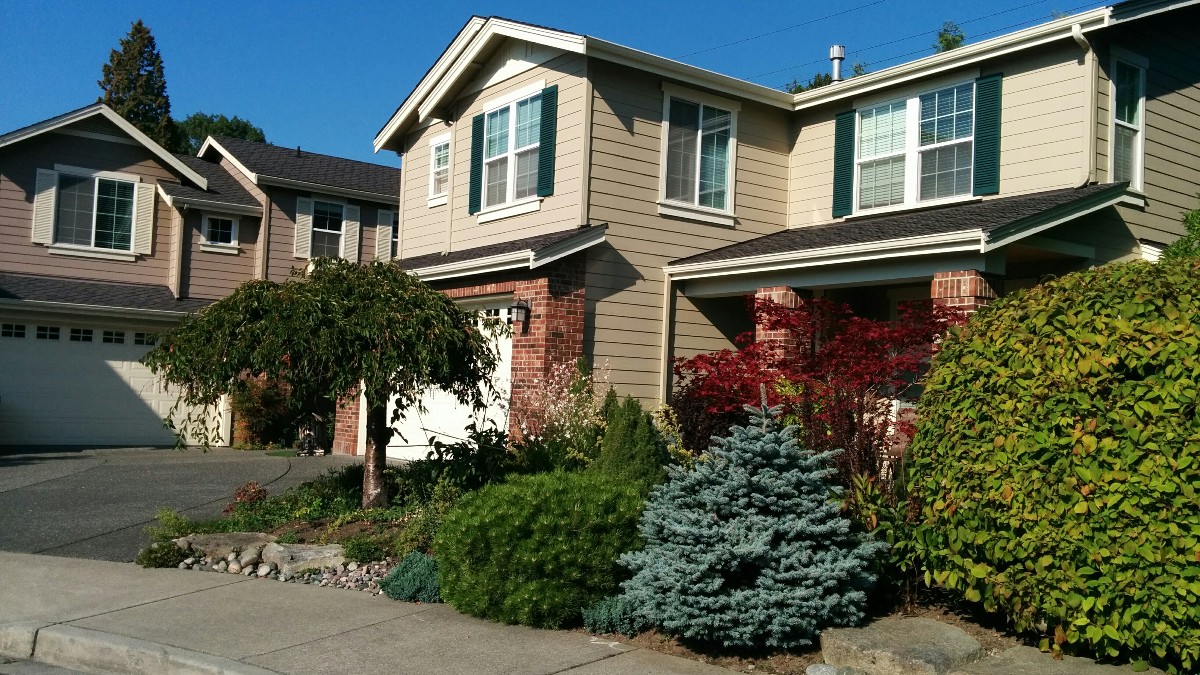 Two-story suburban houses with garages and landscaped front yards on a sunny day in Kirkland, Washington.