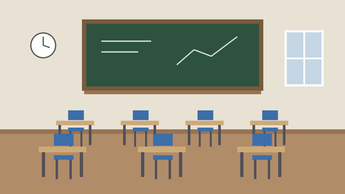 Flat illustration of an empty classroom with rows of desks and chairs facing a chalkboard.