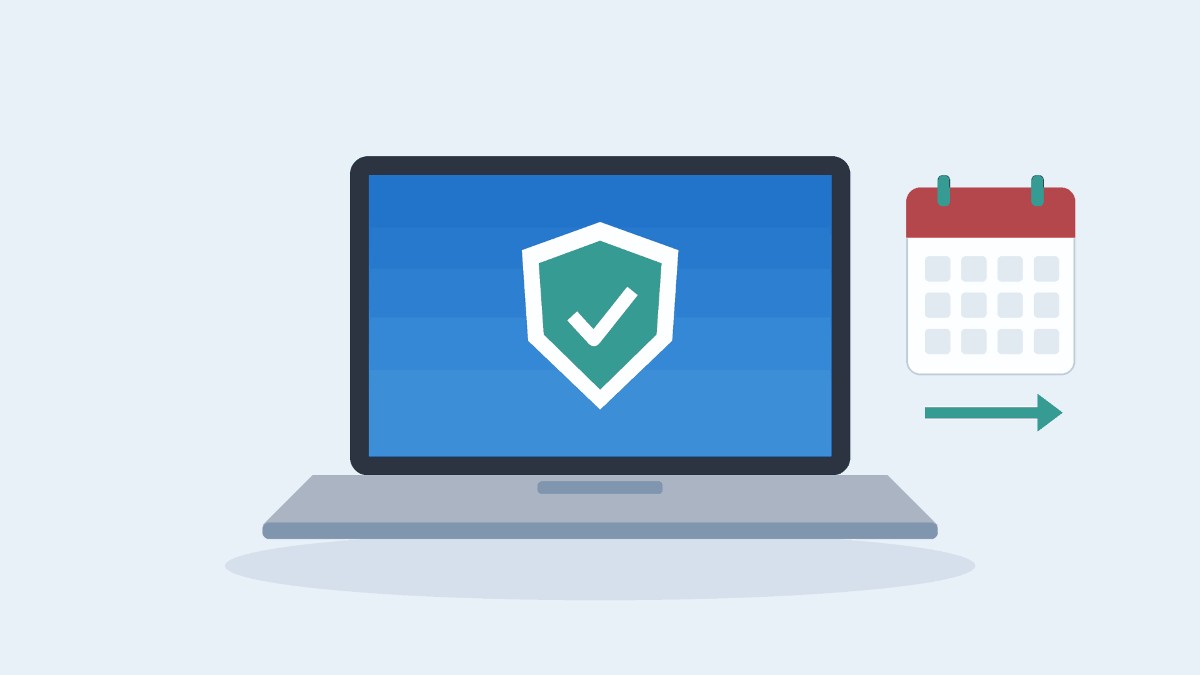 Illustration of a laptop showing a green shield with a check mark, beside a calendar and an arrow pointing forward.